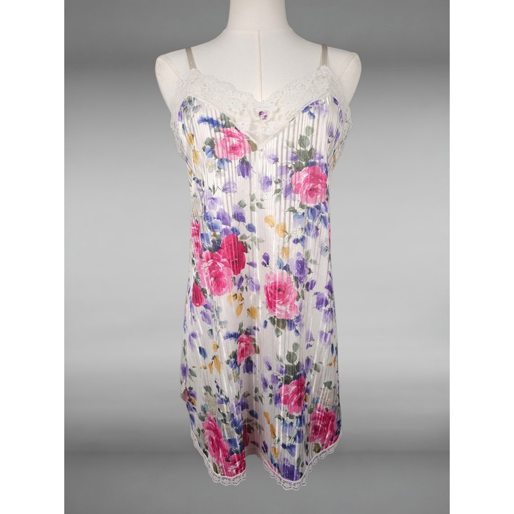 Vintage‎ Y2K Floral Satin Stripe Lace  Trim Chemise Slip Coquette Womens  S